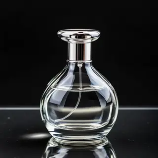 A clear glass perfume bottle on a reflective black surface w