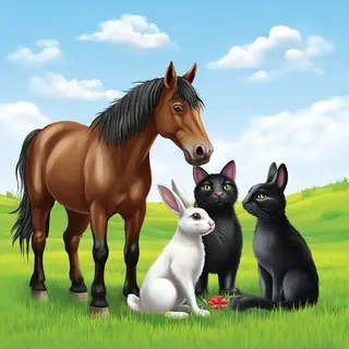 A big brown horse, a small white rabbit, and a medium-sized 