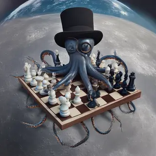An octopus wearing a top hat and monocle playing chess on th