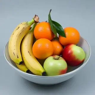 A fruit bowl containing exactly 3 bananas, 4 oranges, and 2 