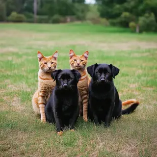 2 orange cats and 3 black dogs sitting together on a grassy 