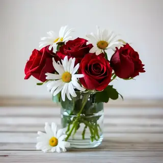 4 red roses and 2 white daisies in a glass vase on a table