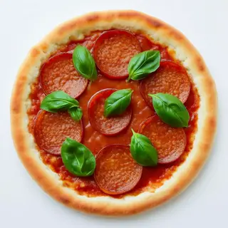 A pepperoni pizza with tomato sauce, basil, and crust but ab