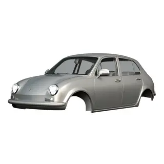 A car body with windows, doors, and headlights but no wheels