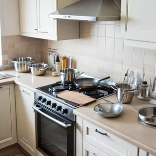 A kitchen with pots, pans, a stove, and a cutting board but 