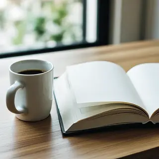 A coffee mug next to an open book on a desk
