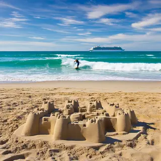 A beach scene with a sandcastle in the foreground, a surfer 