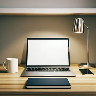 A desk scene: laptop in the center, coffee mug to the left, 
