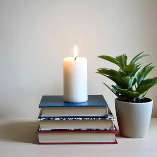 A candle on top of a stack of books, the books next to a pot