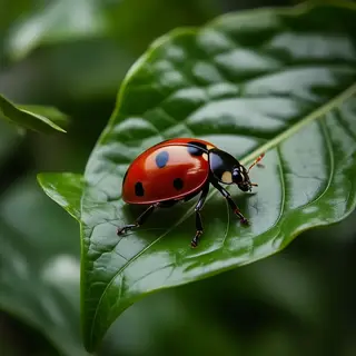 A ladybug sitting on a large green leaf, shown at realistic 