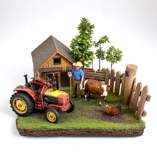 A farm scene with a barn, tractor, farmer, cow, chicken, and