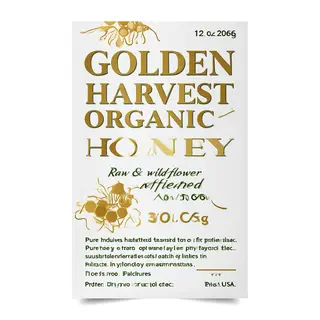 A product label for 'GOLDEN HARVEST ORGANIC HONEY' with subt