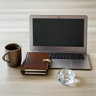 A workspace desk with a brushed aluminum laptop, a leather-b