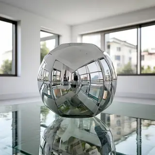 A chrome sculpture in a room with a glass floor and large wi