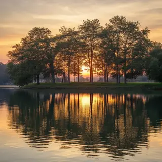 A row of trees reflected in a calm lake at sunset, with the 