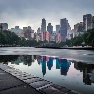 A city skyline reflected in a rain puddle on a street, with 