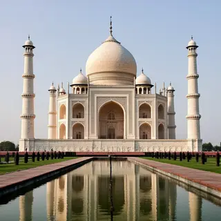 The Taj Mahal in Agra seen from the reflecting pool, with ac