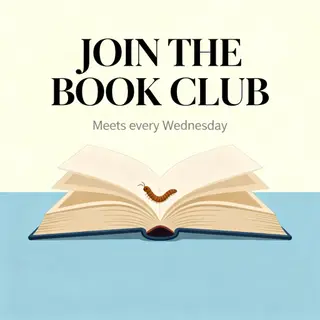 A book club poster with an open book illustration, the title