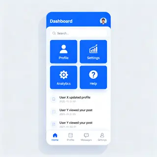 A mobile app UI mockup showing a dashboard with a top naviga