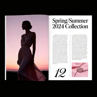 A fashion magazine spread with a full-bleed left-page photo,