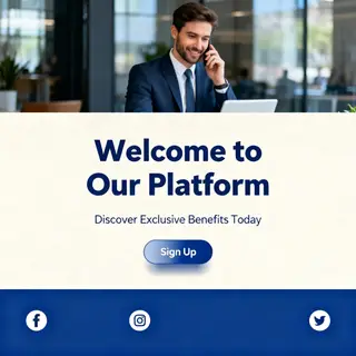A landing page design with a hero header image at the top, a