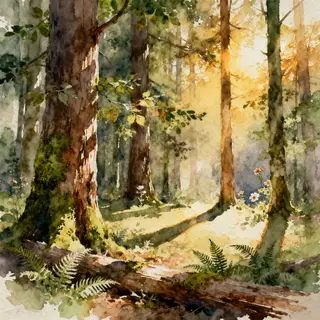 A forest rendered in photorealistic watercolor — the detail 