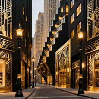 A city street scene in the style of Art Deco — geometric sha