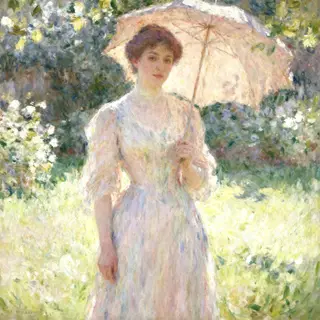A woman with a parasol in the style of Impressionism — soft 