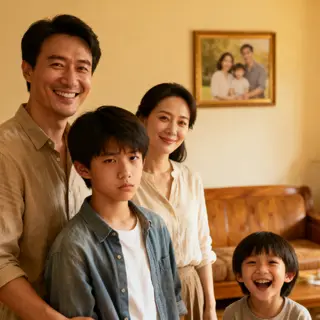 A family photo with four people: a father beaming with pride