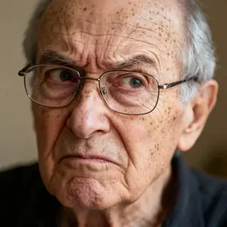 An elderly man in his 70s with age spots and thinning gray h