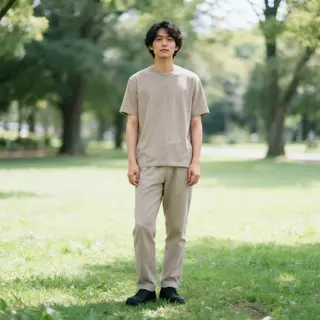 A person standing in a neutral pose in a park, full body vis
