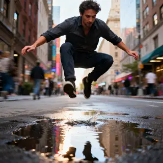 A man captured mid-jump over a puddle, body in the air with 