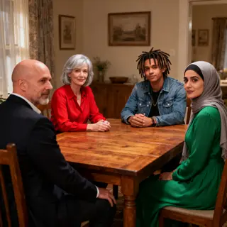 Four people at a dinner table: a bald man in a suit, a woman