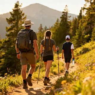 Three hikers on a trail: a man with a backpack and sunhat, a