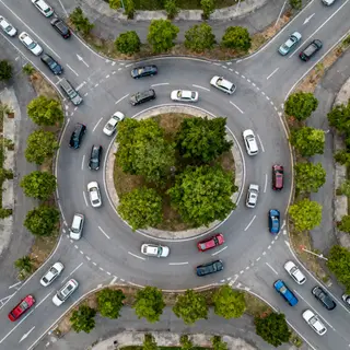 An aerial bird's-eye view looking straight down at a traffic