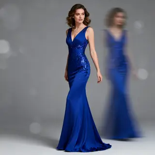 A woman wearing a royal blue evening dress against a neutral