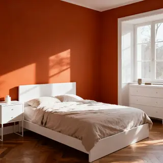 A bedroom wall painted in #FF6B35 (burnt orange) with white 