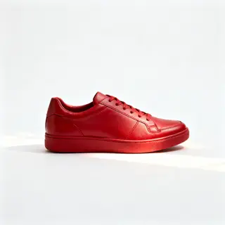 A single red sneaker on a clean white background with soft s