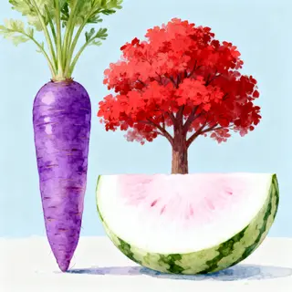 A purple carrot, a red tree with red leaves, and a white wat