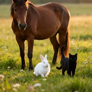 A big brown horse, a small white rabbit, and a medium-sized 