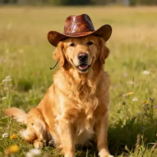 A golden retriever wearing a tiny cowboy hat