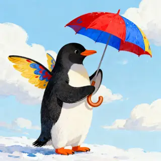 A penguin holding a colorful umbrella