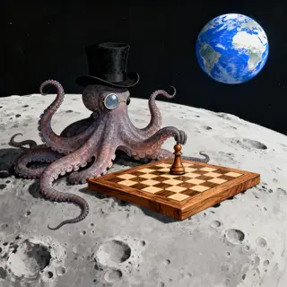 An octopus wearing a top hat and monocle playing chess on th