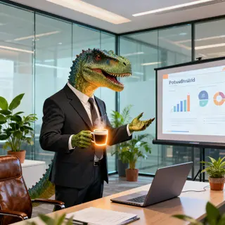 A dinosaur in a business suit giving a PowerPoint presentati