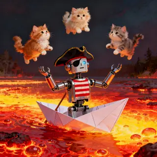 A robot dressed as a pirate sailing a paper boat on a lake o