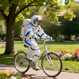 An astronaut in a spacesuit riding a bicycle through a park