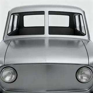A car body with windows, doors, and headlights but no wheels