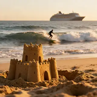 A beach scene with a sandcastle in the foreground, a surfer 