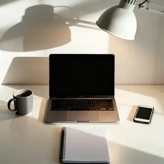 A desk scene: laptop in the center, coffee mug to the left, 