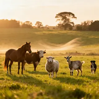 Five animals in a field: a horse on the far left, a cow to t
